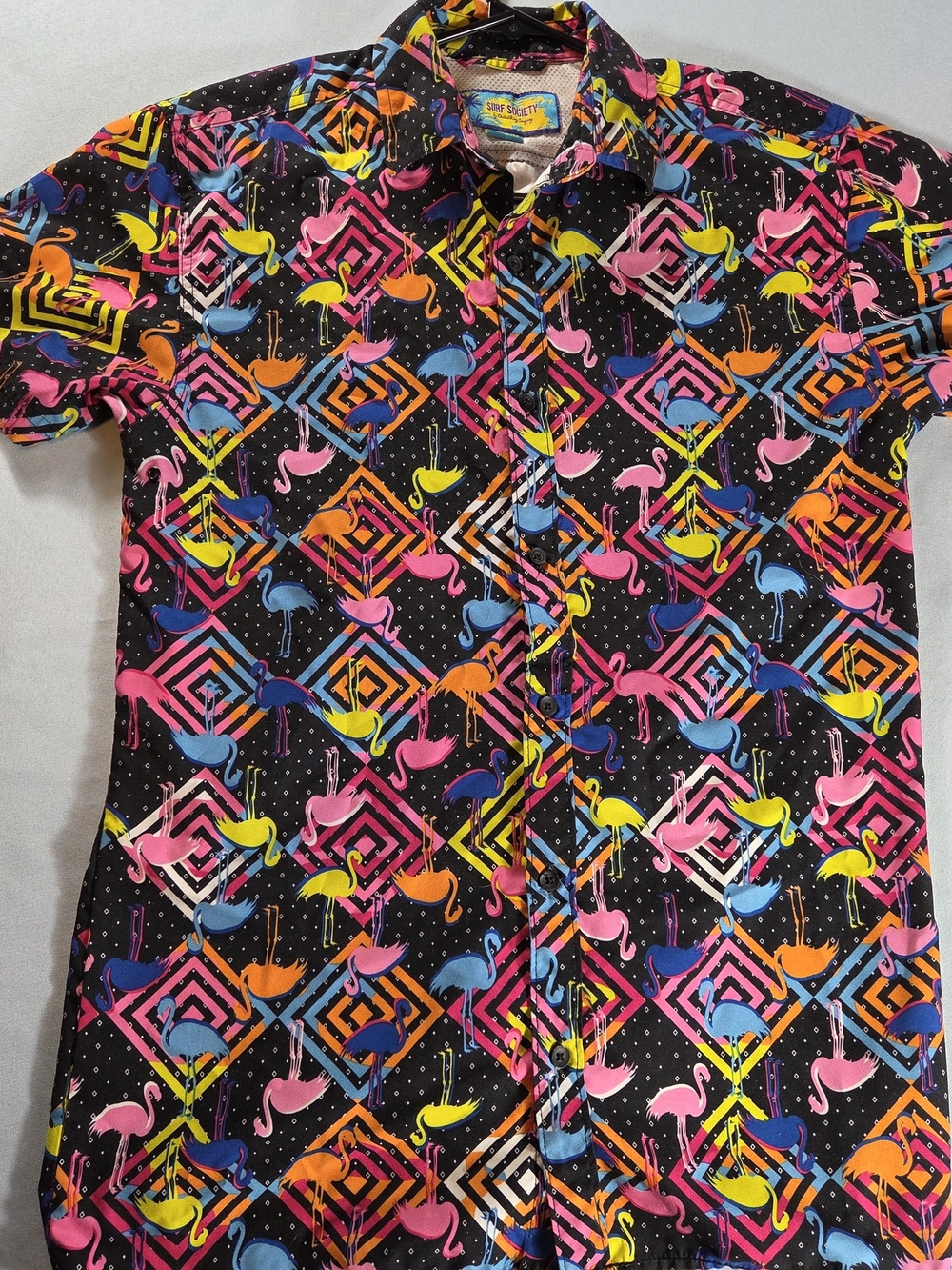 Surf Society Flamingo Button Up Shirt Medium Neon Retro Tropical Party